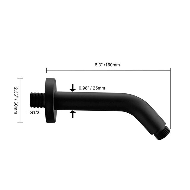 Braço de cabeça de chuveiro para chuveiro de parede - preto fosco - rosca de 1/2 polegada