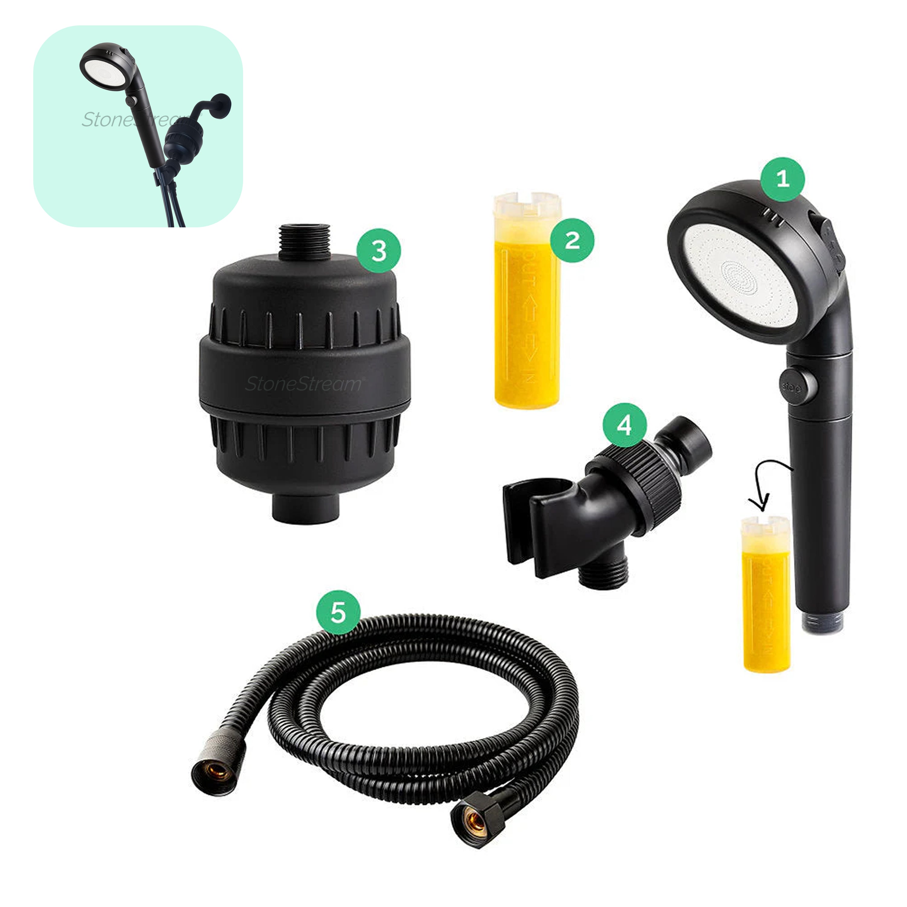 Cabeça de chuveiro em ecopower preto com kit de filtragem de água dura
