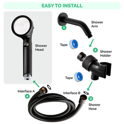 EcoPower 4-in-1 Vitamin C Black Shower Head Kit