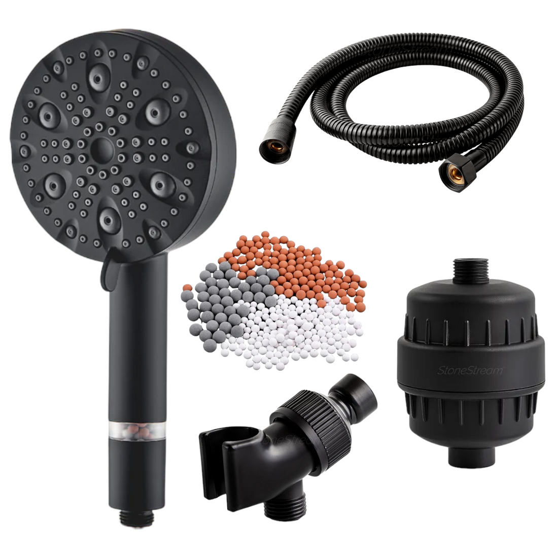 Cabeça de chuveiro preto de luxo de 9 modos com kit de filtragem de água dura